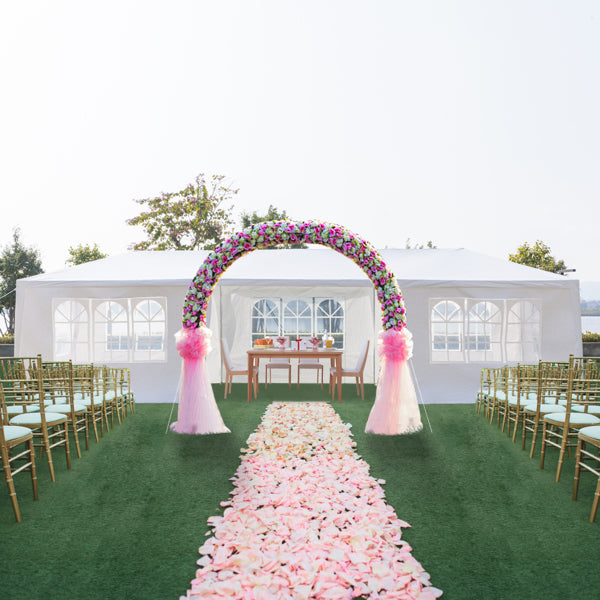 Tente de réception blanche 10'x30' avec 7 parois latérales amovibles, en tissu PE et structure en fer, abri de jardin imperméable avec fenêtres pour mariages, événements en extérieur, patios, ou comme abri commercial.