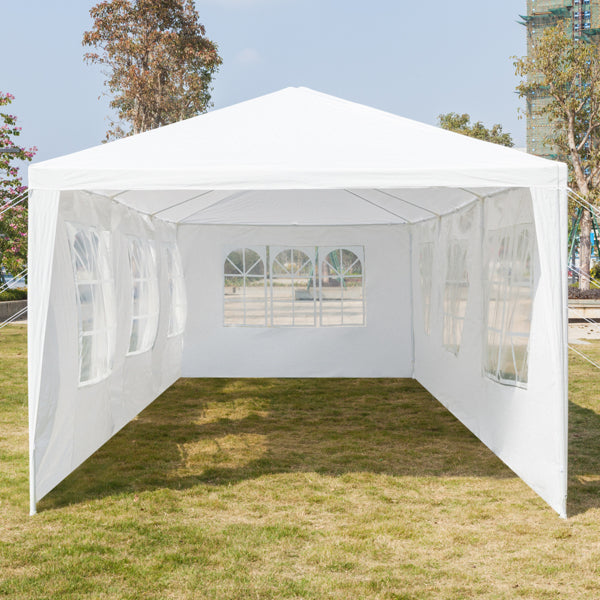 Tente de réception blanche 10'x30' avec 7 parois latérales amovibles, en tissu PE et structure en fer, abri de jardin imperméable avec fenêtres pour mariages, événements en extérieur, patios, ou comme abri commercial.