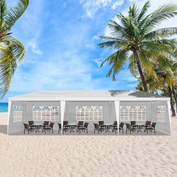 Tente de réception blanche 10'x30' avec 5 parois latérales amovibles, en tissu PE et structure en fer, imperméable et résistante aux UV, avec fenêtres, abri solaire de plage pour mariages, événements en extérieur, mar