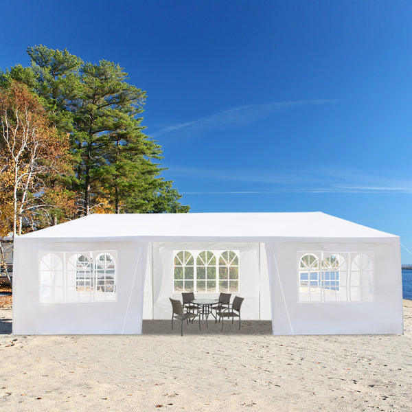 Tente de réception blanche 10'x30' avec 7 parois latérales amovibles, en tissu PE et structure en fer, abri de jardin imperméable avec fenêtres pour mariages, événements en extérieur, patios, ou comme abri commercial.