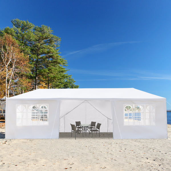 Tente de réception blanche 10'x30' avec 8 parois latérales amovibles, en tissu PE et structure en fer, gazebo d'extérieur imperméable avec fenêtres pour mariages, événements en plein air, abri de patio
