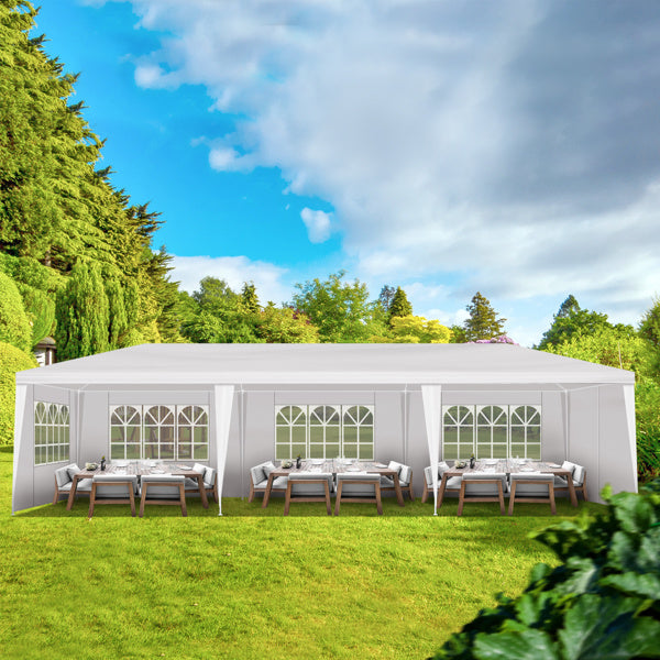 Tente de réception blanche 10'x30' avec 8 parois latérales amovibles, en tissu PE et structure en fer, gazebo d'extérieur imperméable avec fenêtres pour mariages, événements en plein air, abri de patio