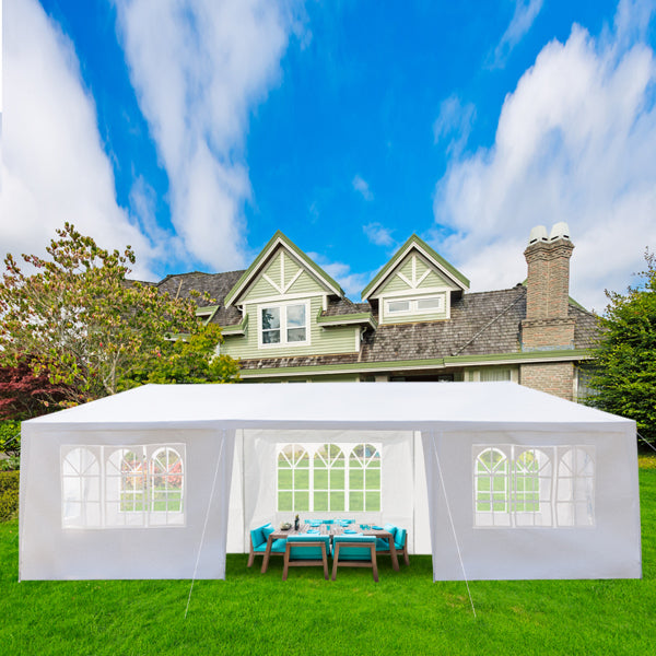 Tente de réception blanche 10'x30' avec 7 parois latérales amovibles, en tissu PE et structure en fer, abri de jardin imperméable avec fenêtres pour mariages, événements en extérieur, patios, ou comme abri commercial.